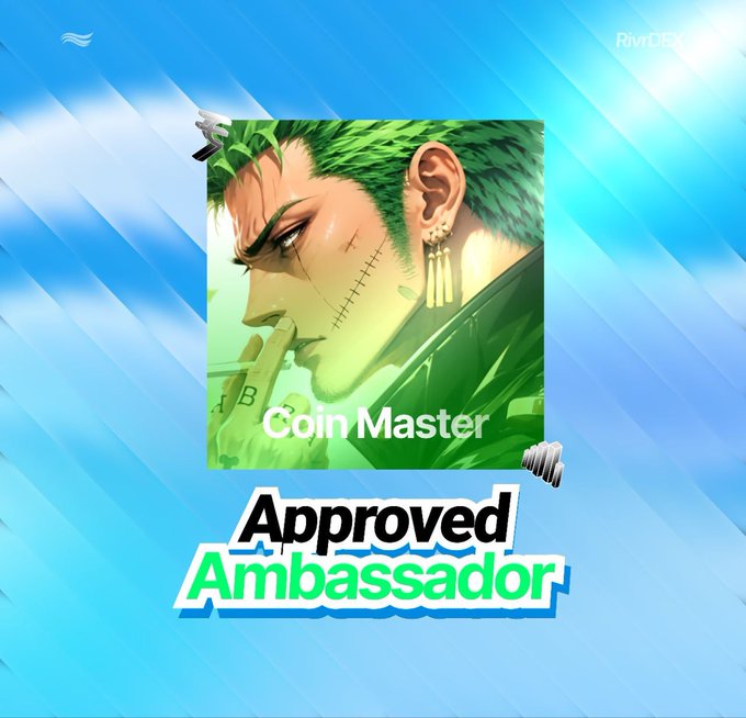 An 'Approved Ambassador' badge for 'Coin Master' features an anime-style character with green hair and a scar, set against a blue background with the 'RiverDEX' logo.