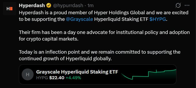 A tweet from Hyperdash (@hypurrdash) announces their support for the Grayscale Hyperliquid Staking ETF ($HYPG), currently priced at $22.40 (+4.49%), with a chart showing the asset's price movement. The post aligns with the context by confirming Hyperdash's affiliation with Hyper Holdings Global and signaling institutional backing for crypto capital markets.