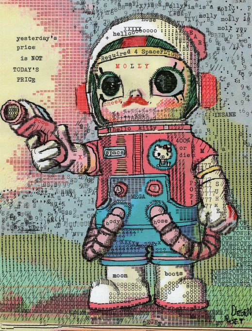 The image depicts a cute astronaut cat character labeled "MOLLY" holding a ray gun, decorated with text like "Required 4 Spaceflight," "Hello city," "MEGA," "400% or die," "insane," and "yesterday's price is NOT today's price," with "moon" and "boots" noted on its feet. The post's mention of "solana," "grinders," and "bagworkers" suggests this MOLLY-themed artwork playfully celebrates the crypto community's resilient, grind-focused culture on Solana, with the rocket-like imagery and "moon" label nodding to traders' hopes for price gains.