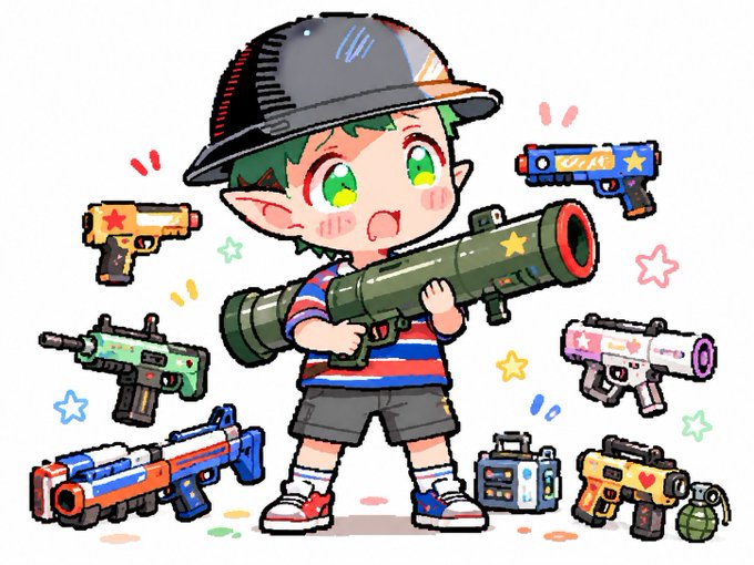 A chibi-style cartoon character wearing a black helmet and striped shirt wields a large green rocket launcher while surrounded by various colorful toy guns decorated with stars, hearts, and cute designs, fitting the playful "explode everything" theme with its toy-like weaponry.

No specific text, numbers, or branded names are visible on the items.