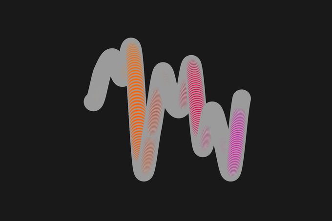 An abstract graphic design featuring a gray squiggly shape with orange and pink striped wave patterns on a black background.