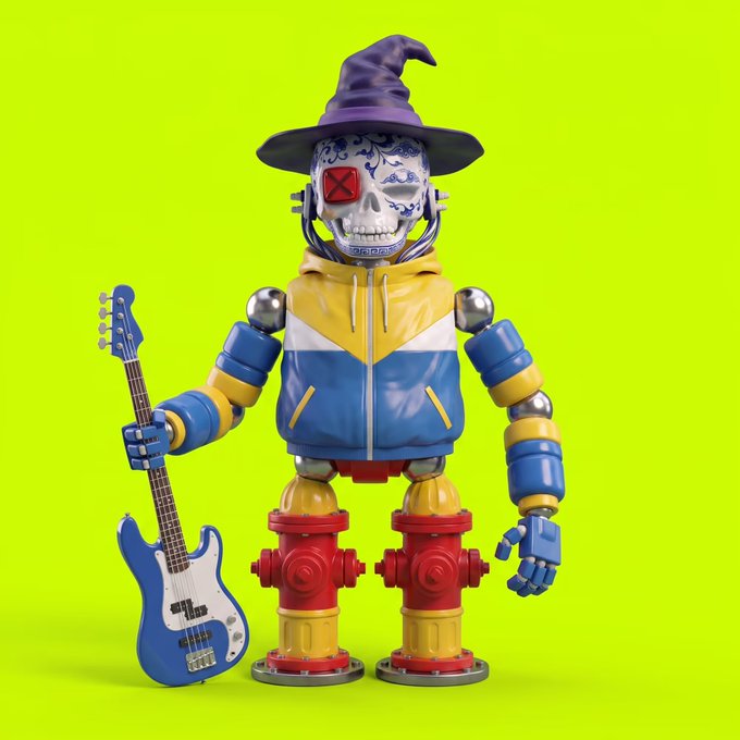 A robotic figure with a skull face wearing a purple witch hat and a blue and yellow hoodie stands against a bright green background, holding a blue electric guitar.