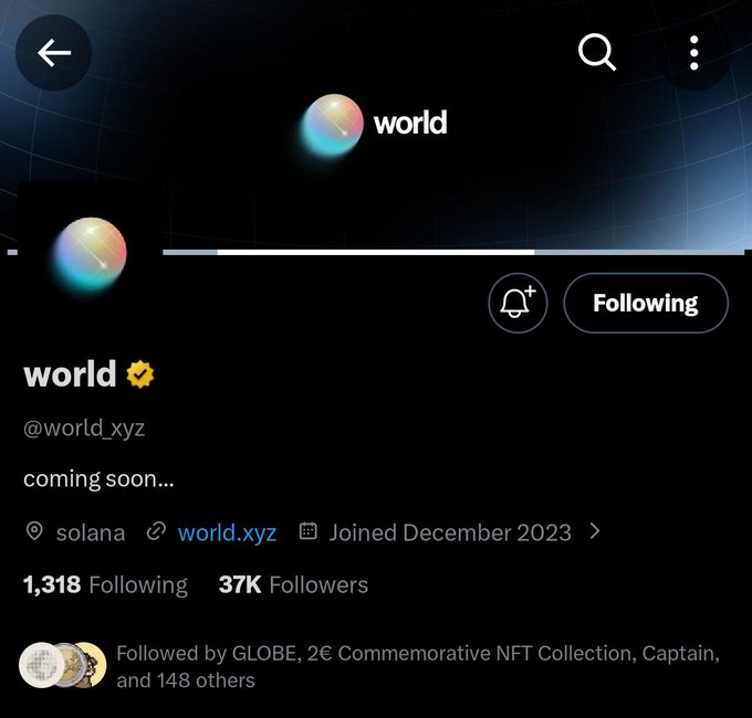 A Twitter/X profile page for "world" (@world_xyz) is displayed, showing a verified account with 37K followers, 1,318 following, based on Solana, and joined December 2023, featuring the tagline "coming soon..." This directly relates to the post's speculation about @world_xyz being an upcoming 10k NFT collection on Solana that could be the next Mad Lads, as the profile's "coming soon" bio and verified status lend credibility to the rumor.