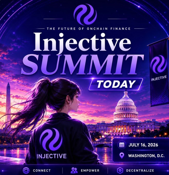 A purple-themed event poster for the 'Injective Summit' taking place 'TODAY' in Washington, D.C., dated July 16, 2026, featuring an anime-style woman and the U.S. Capitol building.