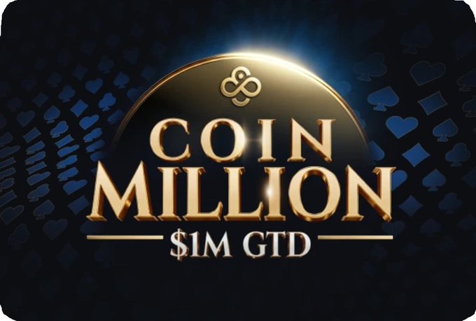 A logo for "COIN MILLION $1M GTD" displayed in gold text with a poker chip design against a dark background with card suit patterns.