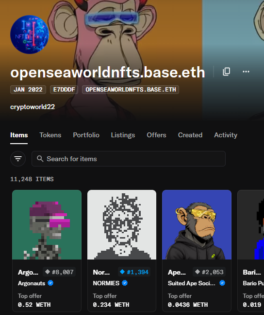 A screenshot of the OpenSea NFT marketplace showing the profile 'openseaworldnfts.base.eth' belonging to 'cryptoworld22', displaying collections like Argonauts (#8,007), NORMIES (#1,394), and Suited Ape Society (#2,053) with their top offer prices in WETH.