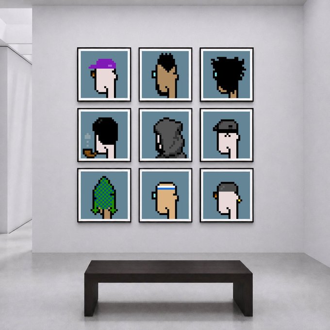 A minimalist gallery room displaying a 3x3 grid of framed pixel art portraits showing various character heads with different hairstyles and accessories, with a black bench positioned beneath them.