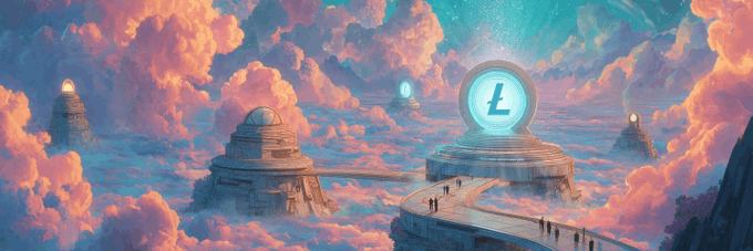 The image features a digital illustration of a fantasy world with floating islands, mountains, and a large blue circle containing the letter "L" surrounded by clouds. The sky above the island has pink and orange hues, creating an otherworldly atmosphere. In the foreground, there is a path leading to the island, and several people can be seen walking along it. The image also includes text that reads: "LitVM Testnet - $zkLTC @LitecoinVM is an EVM-Compatible Layer - Liteforge - Cost - Free - Airdrop Potential - estimated Airdrop Size - Guide - youtu.be/wx8K7VWKOvQ".