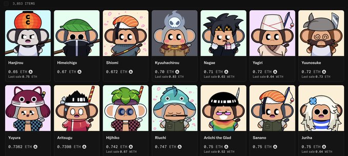 A grid of 14 cartoon monkey NFT characters with Japanese names (Hanjirou, Himeshige, Shioni, etc.) and ETH prices ranging from 0.65 to 0.7562 ETH.