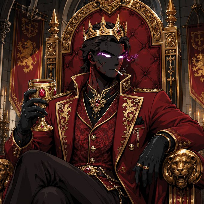 An anime-style illustration depicts a dark, crown-wearing king in red royal robes sitting on an ornate golden throne, holding a jeweled goblet and smoking a cigarette, with banners bearing a lion crest behind him.