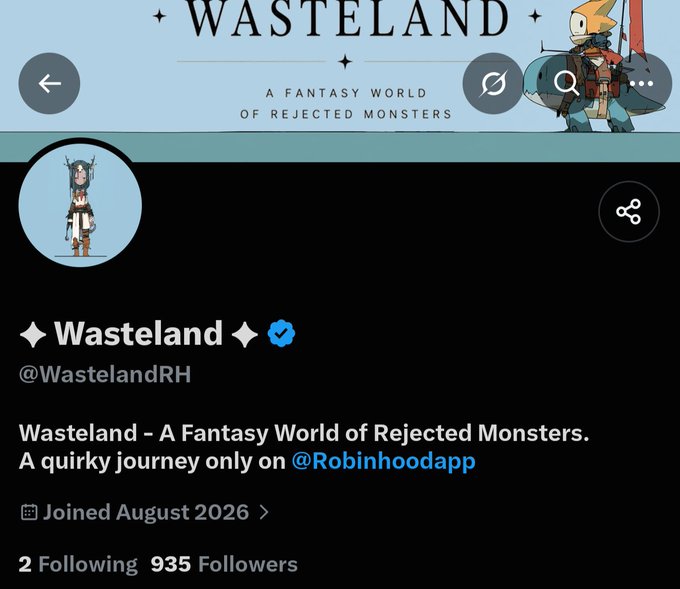 This image shows the Twitter/X profile page for "Wasteland" (@WastelandRH), a verified account with 935 followers, describing itself as "A Fantasy World of Rejected Monsters" exclusive to @Robinhoodapp. The banner features a stylized illustration of a fantasy character with a spear, aligning with the post's announcement of an AI-generated art collaboration involving a fantasy world of rejected monsters and a 3333 Supply drop on Robinhood.