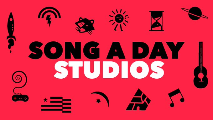 The image is a promotional graphic for "Song a Day Studios," featuring bold black and white text on a vibrant red background, surrounded by various playful icons including a rocket, cat, sun, hourglass, Saturn, guitar, game controller, and musical notes. This matches the reference to @songadaymann's 17-year music project, suggesting it's branding for the creator behind the project mentioned in the post.