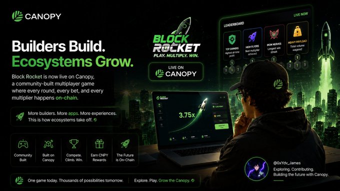 A promotional graphic for 'CANOPY' featuring the text 'Builders Build. Ecosystems Grow.' and 'BLOCK ROCKET', showing a person looking at a laptop screen with a leaderboard and game interface.