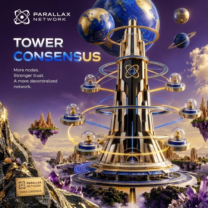 A promotional graphic for 'PARALLAX NETWORK - TOWER CONSENSUS' featuring a futuristic golden tower with floating planets and connecting nodes.