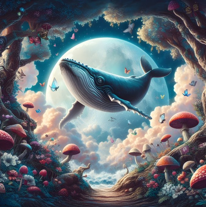 A whimsical fantasy scene of a whale flying in front of a large moon, surrounded by colorful mushrooms, flowers, and butterflies.