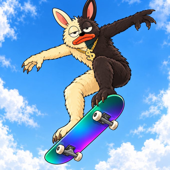 A cartoon illustration of a half-black, half-cream-colored furry creature with bunny ears, droopy eyes, and a dollar sign gold chain riding a rainbow skateboard against a blue cloudy sky.
