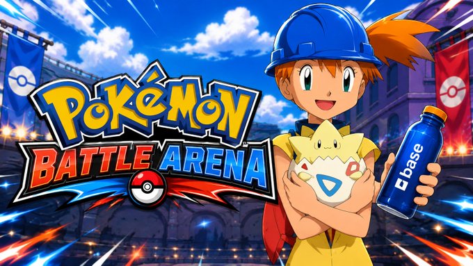 Promotional artwork for 'Pokémon Battle Arena' featuring Misty holding Togepi, with a water bottle branded 'ebase' displayed alongside.