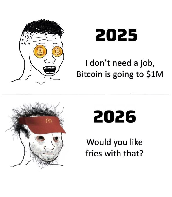 A two-panel meme showing the 'soyjak' Wojak character: the top 2025 panel has Bitcoin eyes and reads 'I don't need a job, Bitcoin is going to $1M', while the bottom 2026 panel shows the same character in a McDonald's visor saying 'Would you like fries with that?', mocking crypto investors.