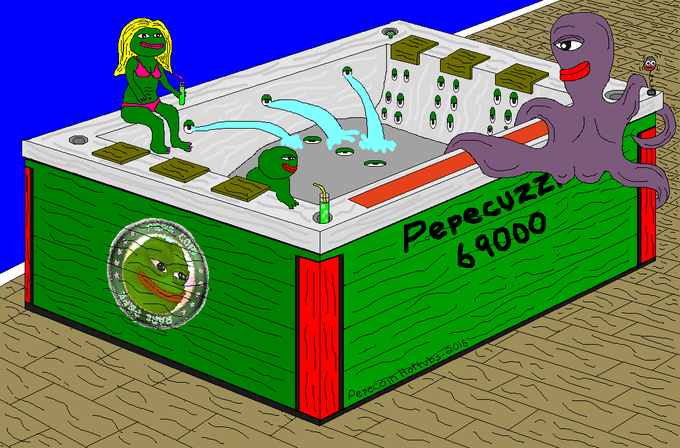 A crude digital drawing of Pepe the Frog characters enjoying drinks at a wooden hot tub/bar labeled 'Pepecuzz 69000', with a Meme logo on the side.