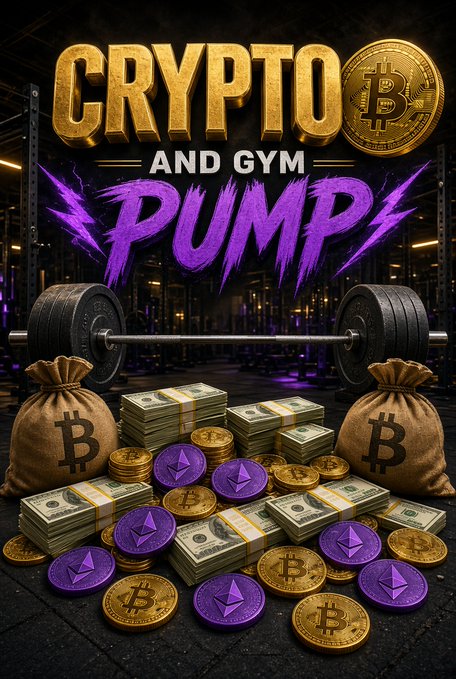 A promotional graphic with bold text reading 'CRYPTO AND GYM PUMP', featuring a barbell, Bitcoin and Ethereum tokens, stacks of cash, and money bags against a gym background.
