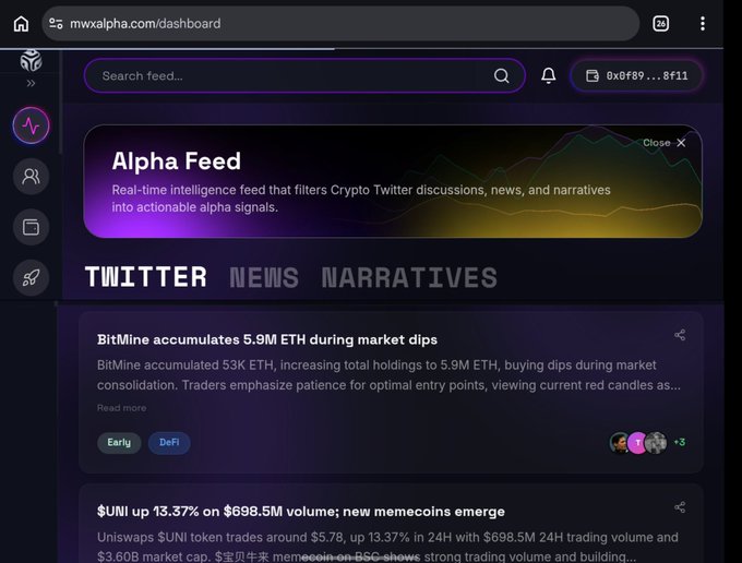 The image shows the dashboard of mxwalpha.com, an "Alpha Feed" platform designed to filter Crypto Twitter discussions into actionable alpha signals, with visible headlines like "BitMine accumulates 5.9M ETH during market dips" and "$UNI up 13.37% on $698.5M volume." This relates to the post by highlighting how @mwx_ai provides retail traders with the same level of real-time market intelligence typically accessible to those trading with significantly larger capital, leveling the playing field for smaller investors.