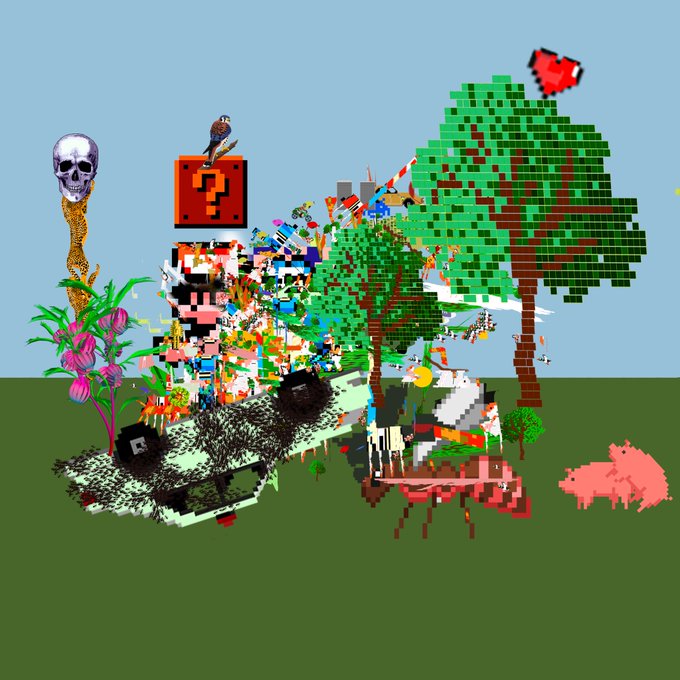 A chaotic Minecraft-style 3D scene featuring pixelated trees, a question mark block, a character on a block, a skull, flowers, and a pink pig on a grassy field under a blue sky.
