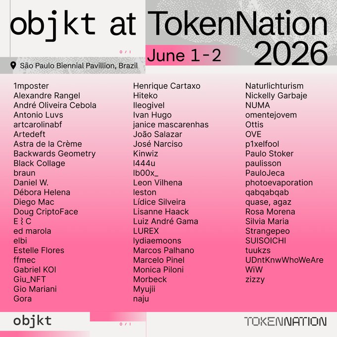 The image features a poster for an event called "objkt at @tokennation_io São Paulo This show brings together nearly 100 works by more than 60 Brazilian artists, showcasing the breadth of contemporary digital art being created today". The poster includes the names and descriptions of several artists who will be participating in this event. The text on the poster is written in a pink color scheme with white text, making it easy to read and understand.
