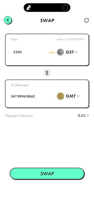 A cryptocurrency swap interface showing an exchange from 2300 GST to an estimated 347.98 GMT tokens with 0.5% slippage tolerance.