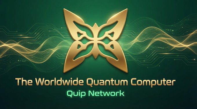 A promotional graphic with a gold butterfly logo on a dark green background reading 'The Worldwide Quantum Computer' and 'Quip Network'.