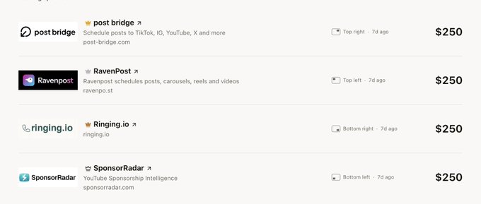A list of advertising spots shows four companies - post bridge, RavenPost, Ringing.io, and SponsorRadar - each priced at $250.