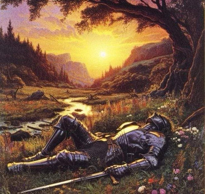 A fantasy painting depicting a fallen knight in full armor lying in a meadow at sunset, with a sword on the ground, a stream, and mountains in the background.