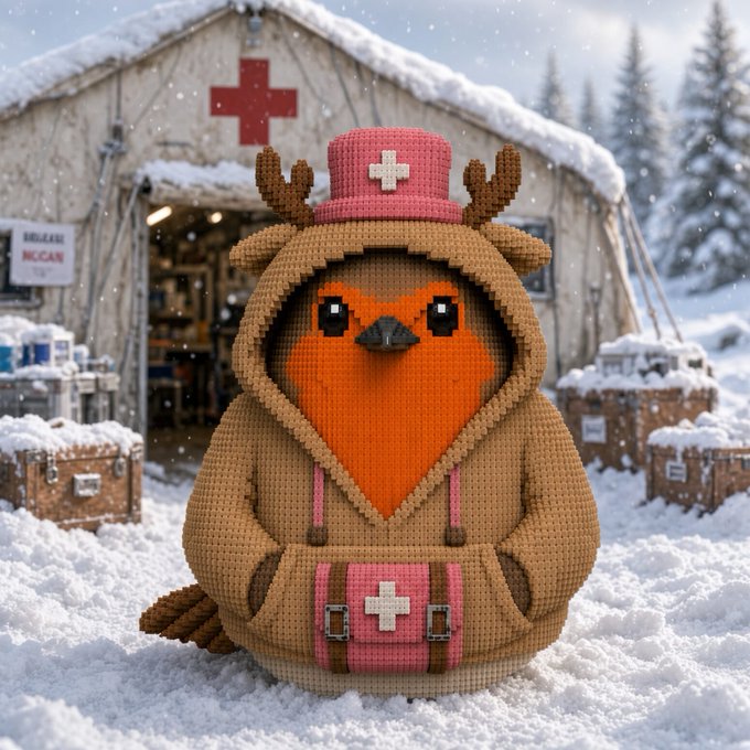 A knitted amigurumi-style bird character wearing a brown reindeer costume with antlers and a medical cross hat, sitting in the snow in front of a medical tent.