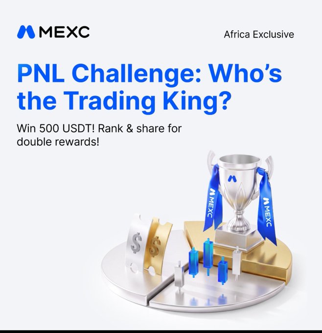 A MEXC promotional graphic for the 'PNL Challenge: Who's the Trading King?' Africa Exclusive competition, offering 500 USDT in prizes with an image of a silver trophy adorned with blue MEXC ribbons on a podium.