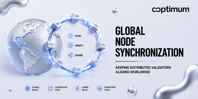 Corporate 'optimum' marketing graphic titled 'GLOBAL NODE SYNCHRONIZATION' featuring a glowing globe with sync, verify, and share icons arranged in a circular pattern.