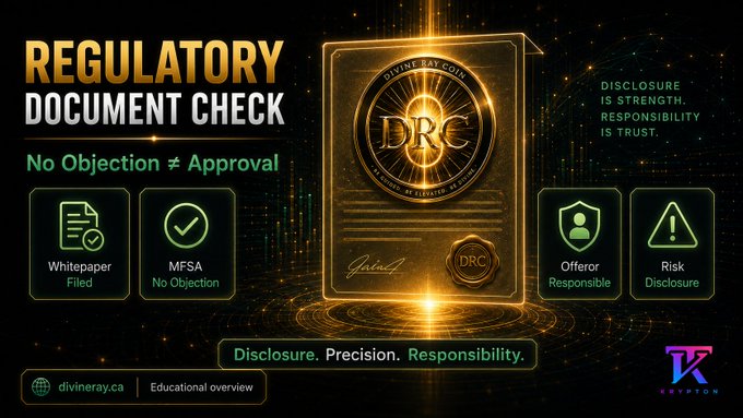 A promotional graphic titled 'REGULATORY DOCUMENT CHECK' featuring a golden 'DRC' (Divine Ray Coin) certificate, with icons indicating 'Whitepaper Filed,' 'MFSA No Objection,' 'Offeror Responsible,' and 'Risk Disclosure,' alongside the KRYPTON logo and the website 'divineray.ca'.