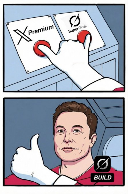 The image is a two-panel comic showing a white-gloved hand pressing a red button on a control panel labeled "𝕏 Premium" and "SuperGrok," followed by a panel of Elon Musk giving a thumbs-up with a "Grok BUILD" logo. It visually represents the announcement that "Grok Build" is now available across X Premium and SuperGrok users, symbolizing the launch or activation of the new feature.