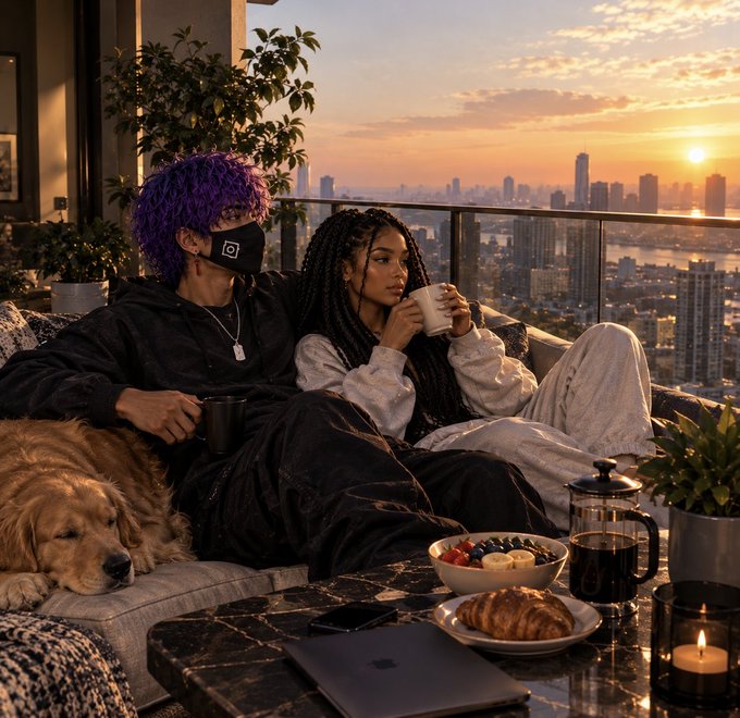 A purple-haired person wearing a mask and a woman with braids relax on a couch with a golden retriever at sunset, sipping coffee on a balcony overlooking a city skyline with croissants, fruit, and a laptop on the table—capturing the irony of trading crypto gains while enjoying a calm, luxurious lifestyle. No text or numbers are visible in the image.