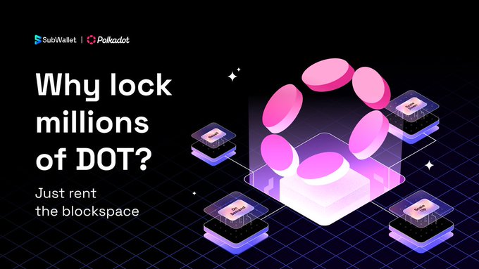 The image shows a graphic design featuring an abstract representation of dots, with some dots forming a large pink circle, surrounded by smaller ones in different shades of pink. The text above the design reads "Why lock millions of DOT?". Below this, there is another line of text explaining how to rent blockspace on the Polkadot platform for 2 years and what it is called Agile Coretime.