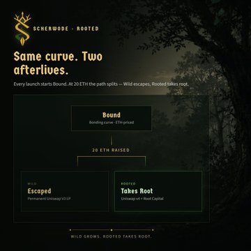 The image shows a Scherwmeme (Scherwmeme) meme with the text "Same curve. Two afterlives," explaining that at 20 ETH raised, tokens either "Escape" (Permanent Uniswap V3 LP) or "Take Root" (Uniswap v4 + Root Capital), illustrating how the platform offers two paths after the bonding curve.