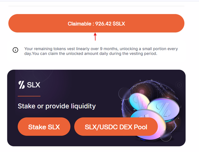A cryptocurrency platform interface showing 'Claimable: 926.42 $SLX' with options to 'Stake SLX' or join the 'SLX/USDC DEX Pool', noting tokens vest linearly over 9 months.