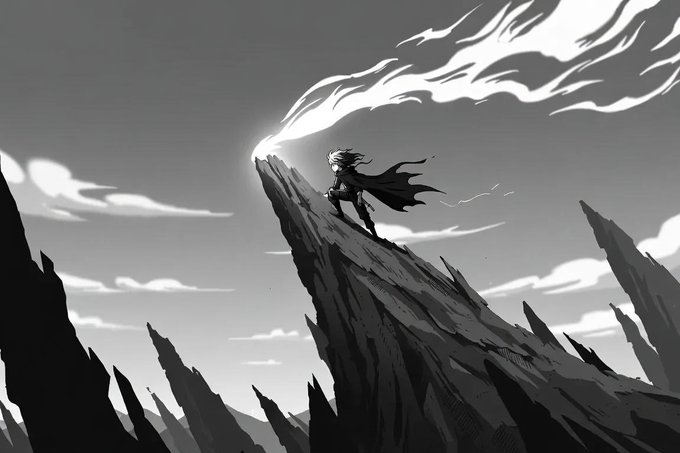 A black-and-white manga-style illustration of a caped figure with wild hair standing triumphantly atop a jagged mountain peak, with smoke or wind trails streaming dramatically across the sky.