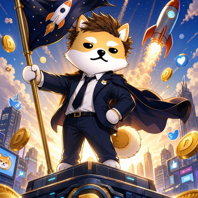 An anime-style illustration of a Shiba Inu dog dressed in a business suit, holding a rocket-themed flag, with rockets, Dogecoin coins, and social media icons in the background.