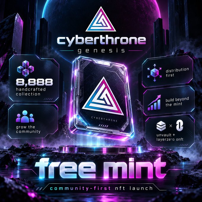 A promotional graphic for the 'CyberThrone Genesis' NFT collection, advertising a 'free mint' and 'community-first NFT launch' with features like '8,888 handcrafted collection' and 'unvault + layerzero onft.'