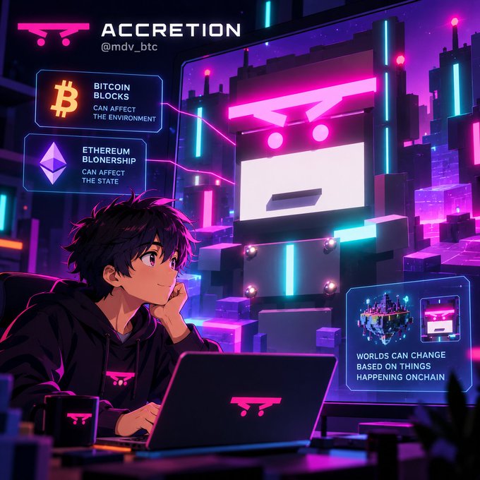 An anime-style illustration shows a young man with a laptop in a neon-lit cyberpunk city, with overlays reading 'ACCRETION @mdv_btc', 'BITCOIN BLOCKS CAN AFFECT THE ENVIRONMENT', 'ETHEREUM BLONERSHIP CAN AFFECT THE STATE', and 'WORLDS CAN CHANGE BASED ON THINGS HAPPENING ONCHAIN'.