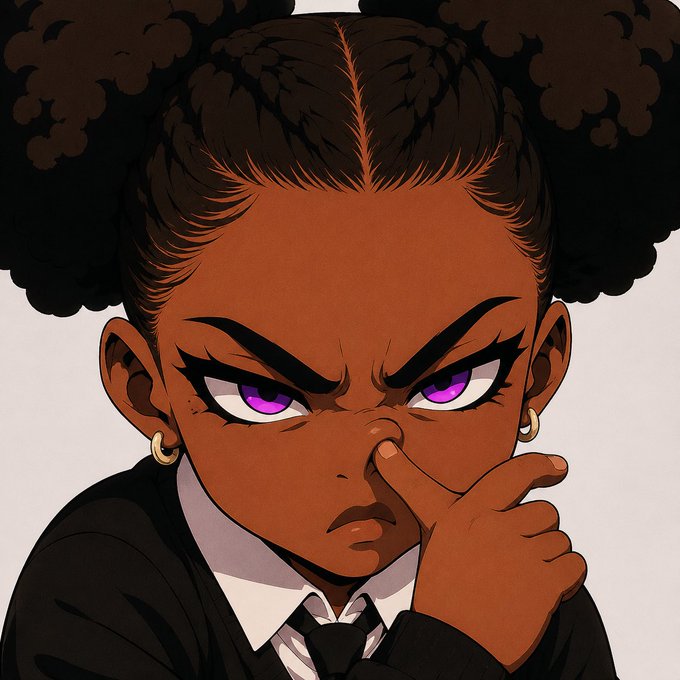 Anime-style portrait of a young Black character with purple eyes and curly hair, wearing a school uniform and touching their nose with a thoughtful expression.