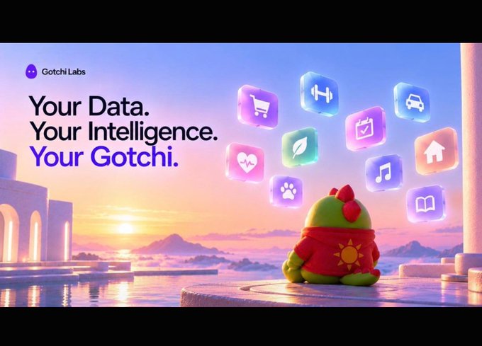 A promotional graphic for Gotchi Labs with the text 'Your Data. Your Intelligence. Your Gotchi.' alongside a cute mascot character and various app icons.