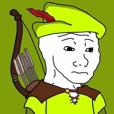 Cartoon-style drawing of a Wojak character wearing a green Robin Hood-like hat with a red feather, holding a bow and arrows against a green background.