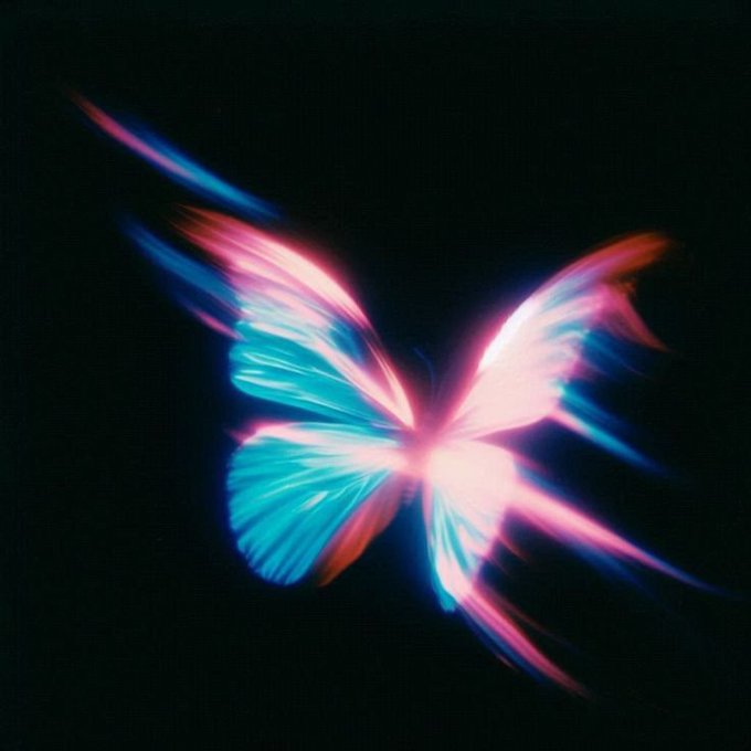 A vibrant, glowing butterfly with iridescent blue, pink, and purple wings is displayed against a solid black background.