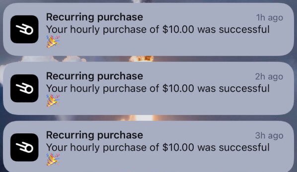 Three consecutive notifications confirm successful hourly recurring purchases of $10.00 each, timestamped 1h, 2h, and 3h ago—visually reinforcing the "$DOGE is never going to zero" post by demonstrating consistent $10 Dogecoin buys every hour.