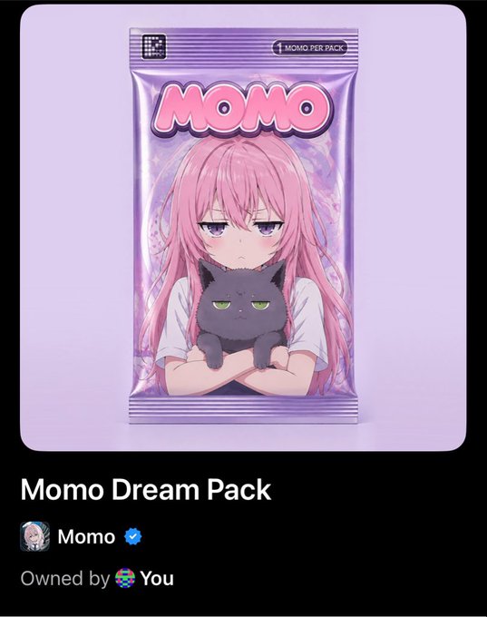 A digital collectible called 'Momo Dream Pack' featuring a pink-haired anime girl holding a black cat, marked as 'Owned by You' on the Robinhood Chain.
